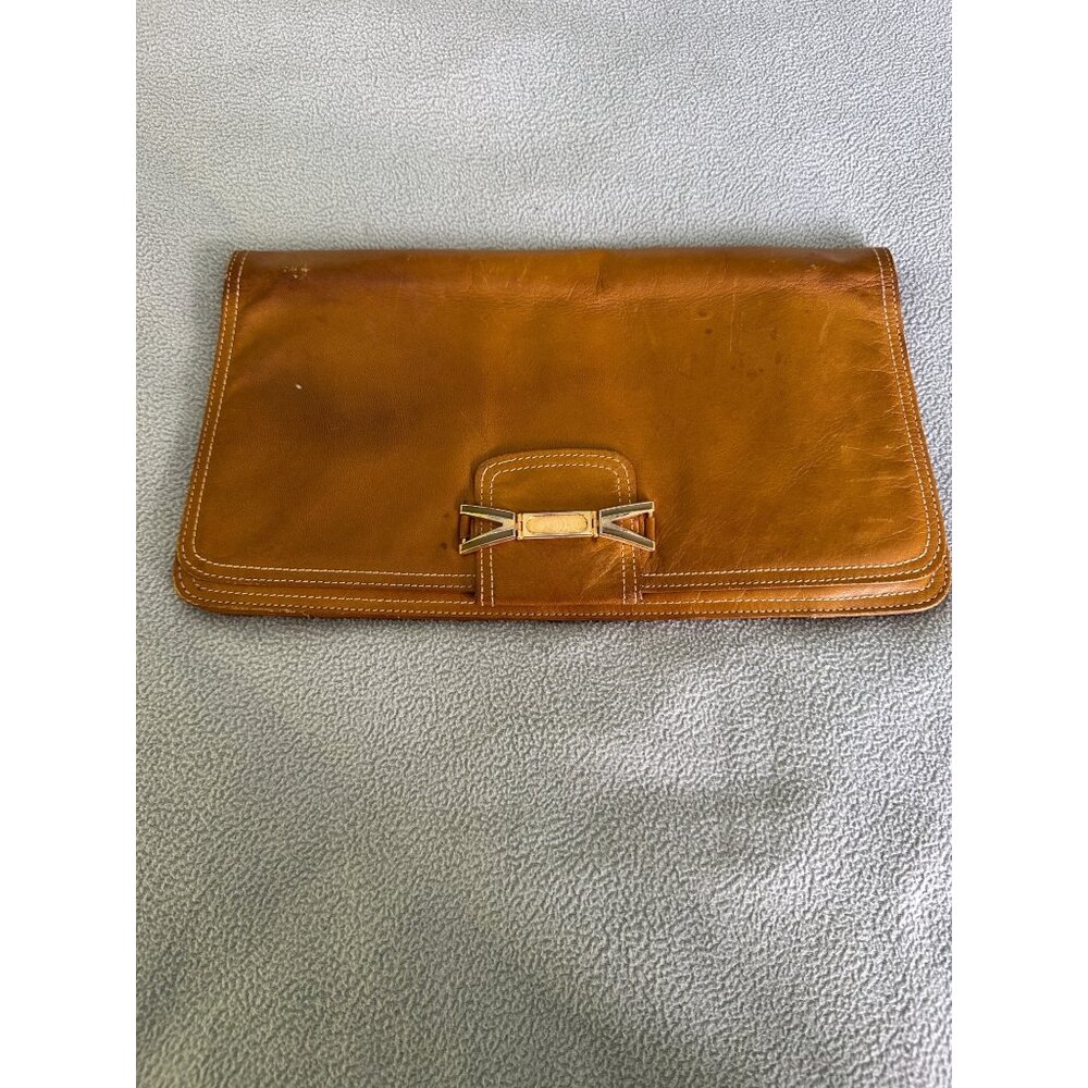 Vtg Leather Clutch HandBag Purse Italy Made Monogrammed Gold Accent Supple MCM